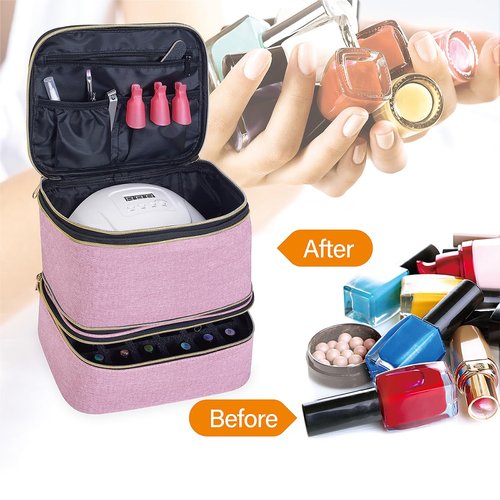 UOZL Nail Polish Organizer, Handheld Double Layer Nail Polish Storage with Adjustable Dividers, Holds 30 Bottles (15ml/0.5 fl.oz) for Nail Polish Lamp Manicure Tools and Essential Oil, Pink