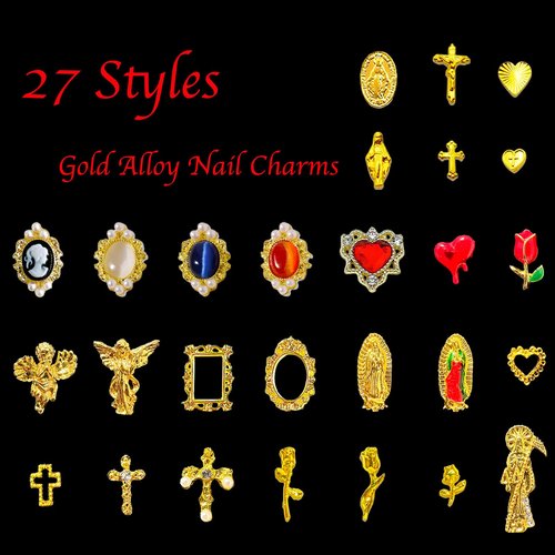 Gehaiwo 96PCS Gold Nail Charms for Acrylic Nails,Alloy Red Heart Cross Rose Flower Angel Frame Nail Decoration,Nail Art Rhinestone Nail Gems Nail Jewels Accessories for Nail Art Supplies DIY Nail