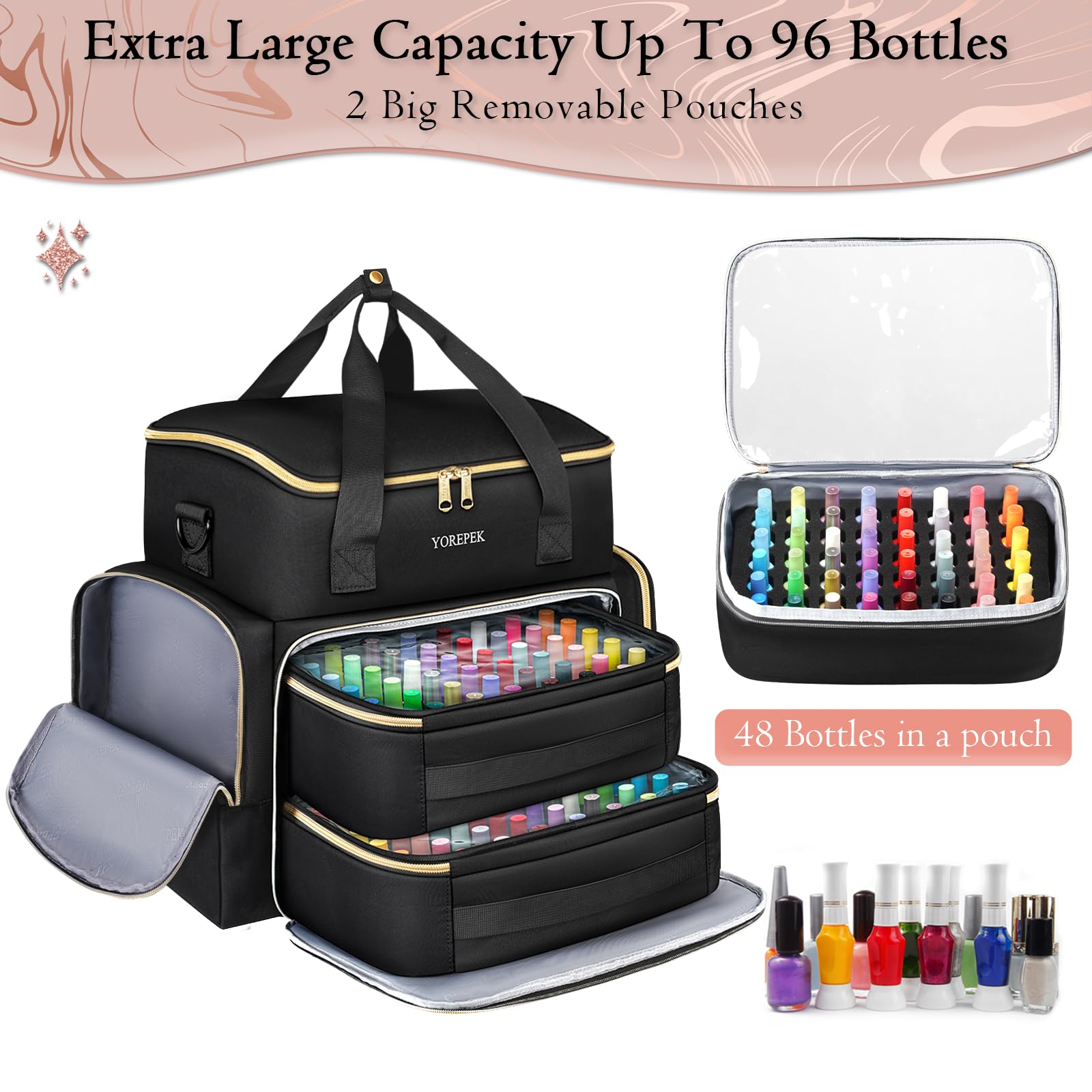 YOREPEK Extra Large Nail Polish Organizer Case Holds 96 to 100+ Bottles (15ml/0.5 fl.oz) UV lamp, Gel Polish Travel Case Bag with 2 Removable Pouches Fits Nail Suppiles, Manicurist Nail Tech Gifts