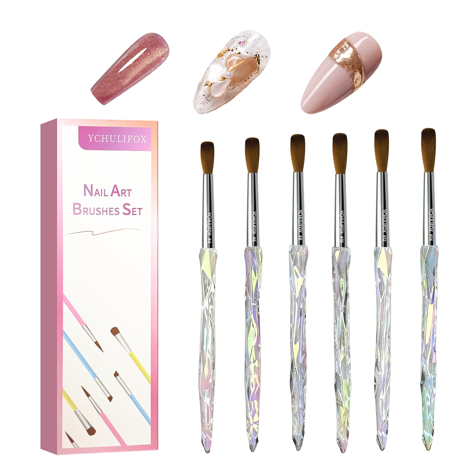 YCHULIFOX,Acrylic Art Nail Kit with 6-Size Brushes (4/6/8/10/12/14) for Dip Powder & Gel Nail Art, Easily Reinforce Nail Extensions for DIY Home Salon & Professional Use.