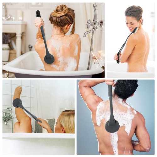 Back Scrubber for Shower, 20.5" Anti Slip Long Handle Bath Brush, Back Brush with Stiff and Soft Bristles Detachable Heads, Showering Exfoliator for Women, Men, Elderly