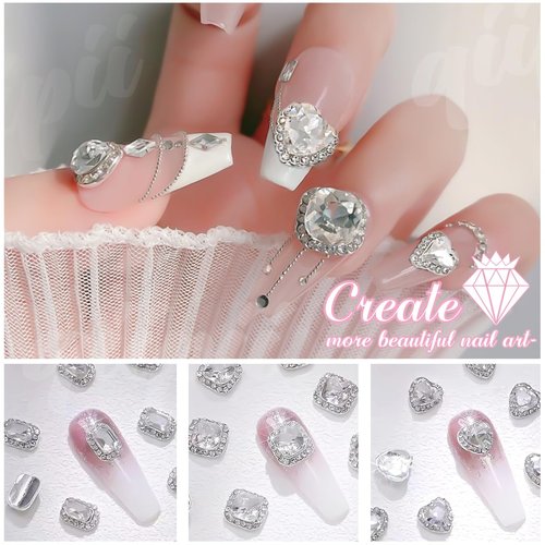 qiipii 24Pcs 3D Alloy Silver Clear Nail Art Rhinestones Luxury Charms for Nails- 3D Alloy Heart Nail Charms, Elegant Silver Nail Crystal Diamonds Stones Studs for Acrylic Nails DIY Crafts Jewelry