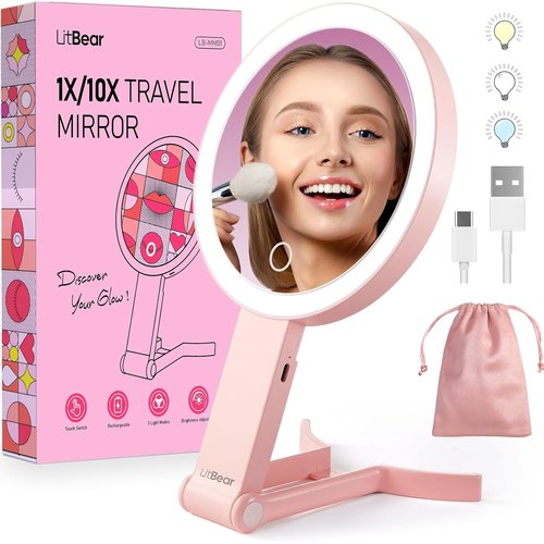 LitBear Travel Makeup Mirror - Rechargeable Double-Sided 10X/1X Magnifying Mirror with Dimmable Touch Screen | Portable Pink Beauty Mirror