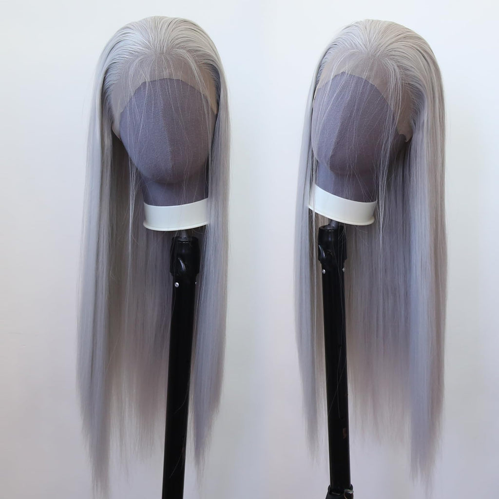 Zigzag Hair Lace Front Wigs - Long Straight Synthetic Pre Plucked with Natural Hairline, Heat Resistant, Glueless Silver Synthetic Lace Wig
