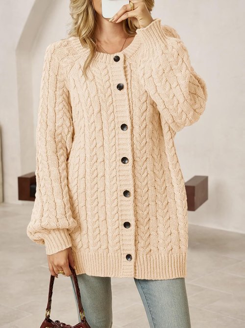 Saodimallsu Women's Oversized Cable Knit Cardigan - Chunky Button Down, Long Lantern Sleeves, Warm Sweater Dress