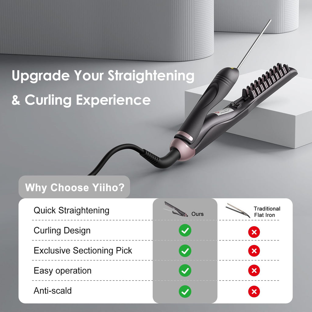 Yiiho Hair Straightener Brush, Straightening Brush with Sectioning Pick for Women & Men, 2 in 1 Hair Straightener Comb with 3 Temperature Settings, Hot Comb Flat Iron for Straightening & Curling