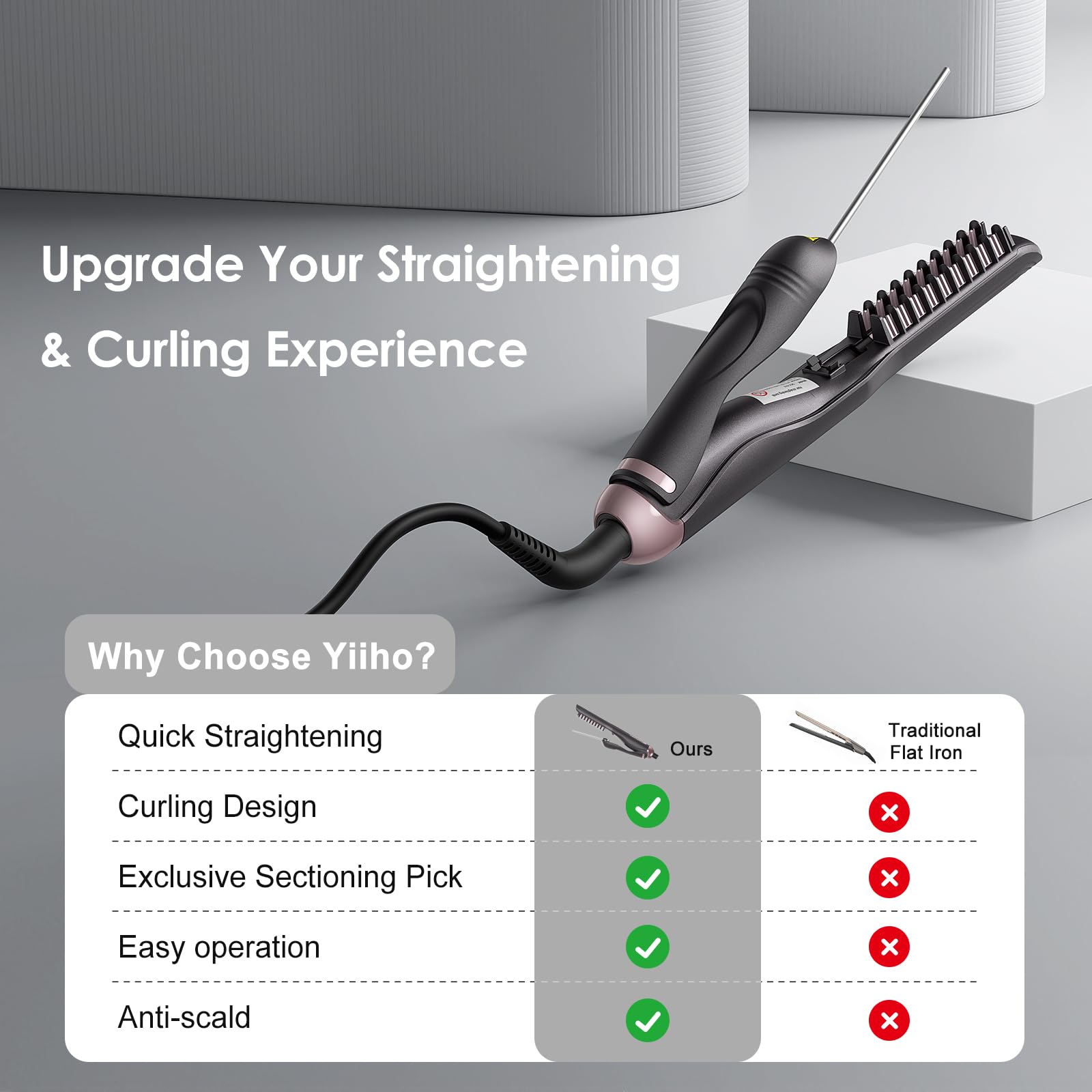 Yiiho Hair Straightener Brush, Straightening Brush with Sectioning Pick for Women & Men, 2 in 1 Hair Straightener Comb with 3 Temperature Settings, Hot Comb Flat Iron for Straightening & Curling