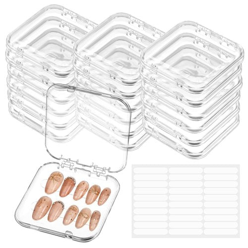 PEOVLVN 20pcs Press on Nail Storage Box Press on Nails Packaging Fake Nail Storages Case with 90 Pcs Adhesive Double Sided Tape for Fake Nail Storage Nail Display Nail Salon