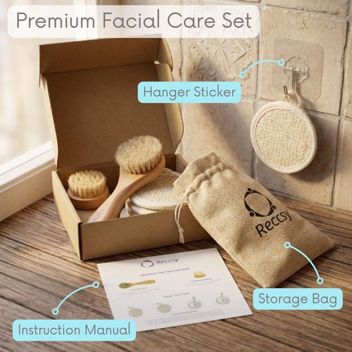Face Dry Brush for Lymphatic Drainage Set,Exfoliating Face Brush+Face Scrubber for Women+4pcs Organic Facial Exfoliating Pads Reusable.Wooden Small Soft Bristle Facial Brushes for Cleaning.