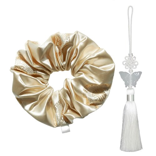 Generic Handmade Soft Korean Scrunchies for Women - Sabang Shin Hanbok Hair Accessory with Beige Ball Trinket Tassel