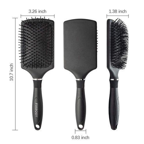 FIXBODY Paddle Brush - Large Cushion Smoothing Detangling Brush for Long Thick Hair | Black Matte