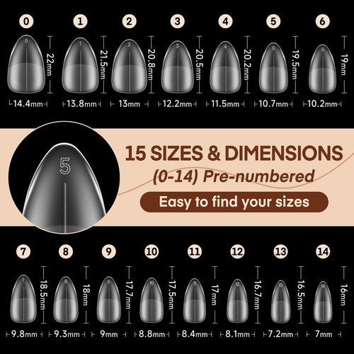 Luckyfairy Short Almond Nail Tips, 240pcs 15 Sizes Soft Acrylic Gel Nail Tips Pre-shape Full Cover False Nails Long-Lasting Press on Almond Nails Tips Set for Nail Extensions Nail Salon DIY
