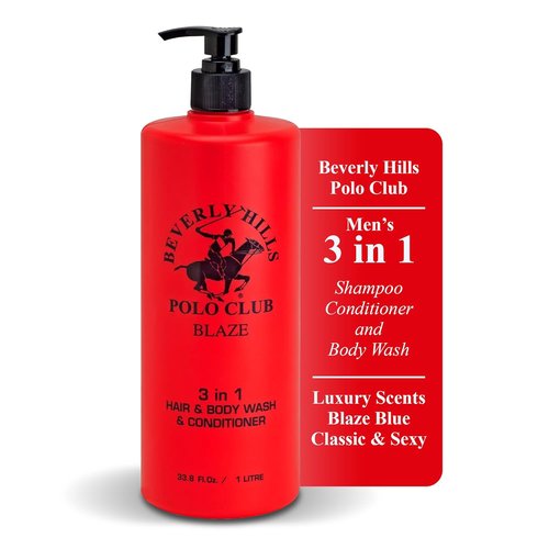 Beverly Hills Polo Club Men's 3-in-1 Shampoo, Conditioner & Body Wash - Blaze Scent | 33.8 fl oz Premium Freshness