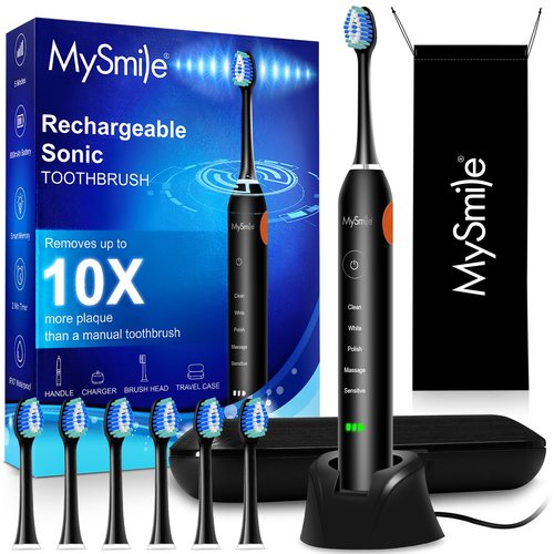MySmile UC605 Electric Toothbrush for Adults, Rechargeable Sonic Electronic Toothbrush with 6 Brush Heads and Travel Case, 2 Mins 5 Modes Smart Timer, 48000VPM (Black)