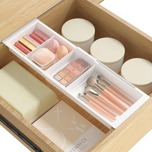 Lifewit Sliding Makeup Drawer Organizer, Fits 13-20" Deep Drawers, Extendable Hanging Divider, 1.8" High Plastic Tray for Vanity, Office, Kitchen, White,1Pcs