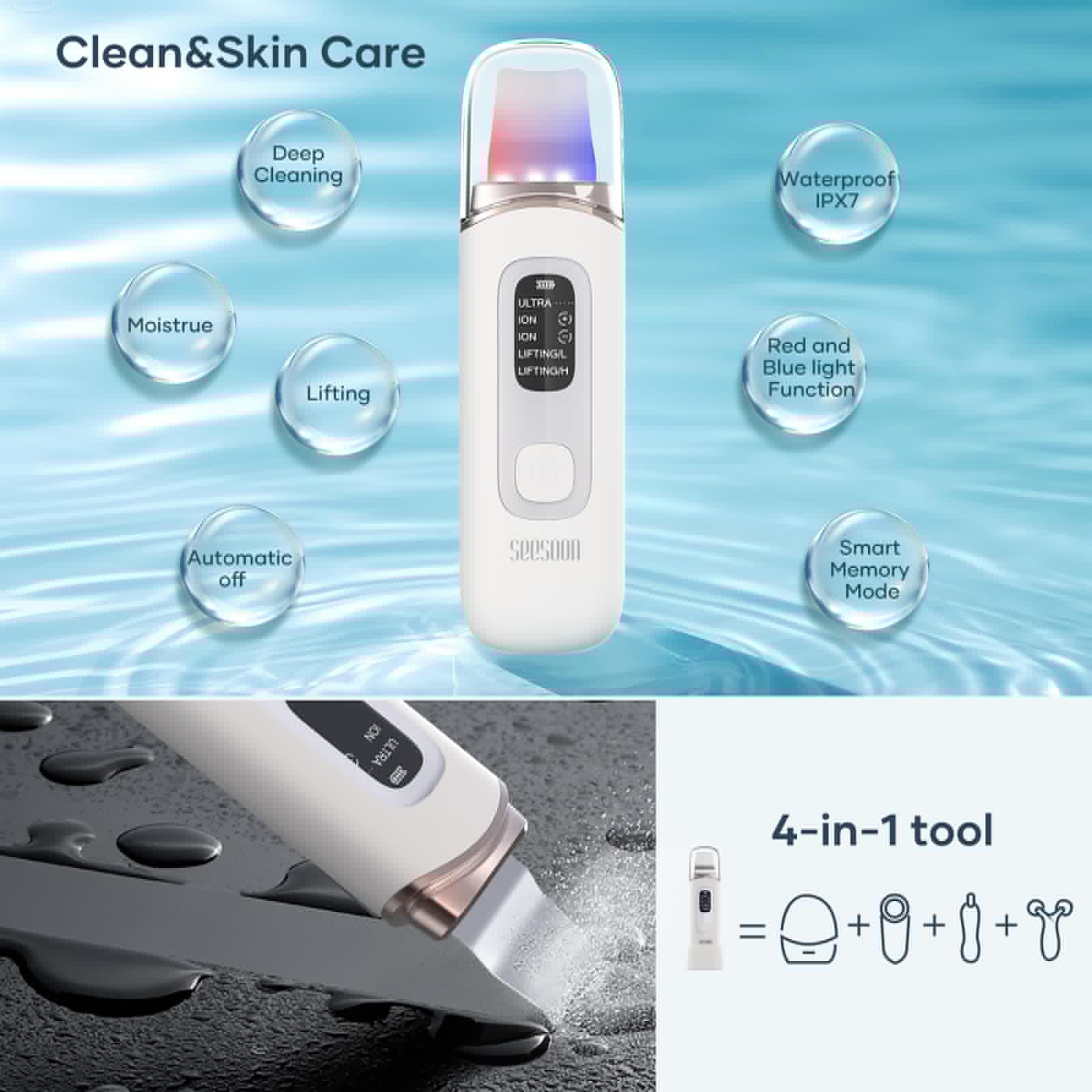 SEESOON Face Scrubber Exfoliator, Skin Scrubber Face Spatula, 4 Modes Blackhead Remover Tools for Facial Deep Cleansing with LCD Display, IPX7 Waterproof-White
