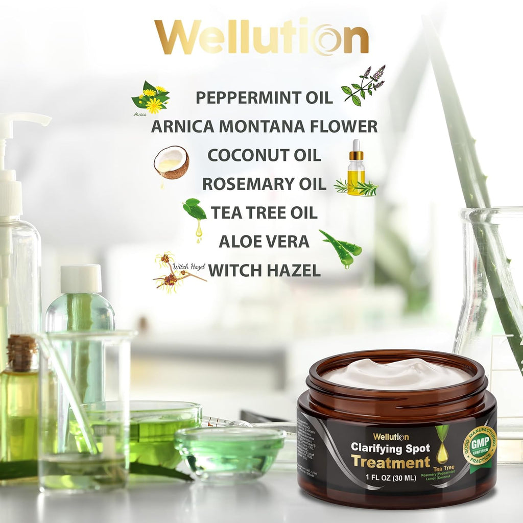 WELLUTION Cystic Acne Spot Treatment - Fast-Acting Tea Tree Cream for Pimples & Blemishes - 1oz Non-Greasy Formula