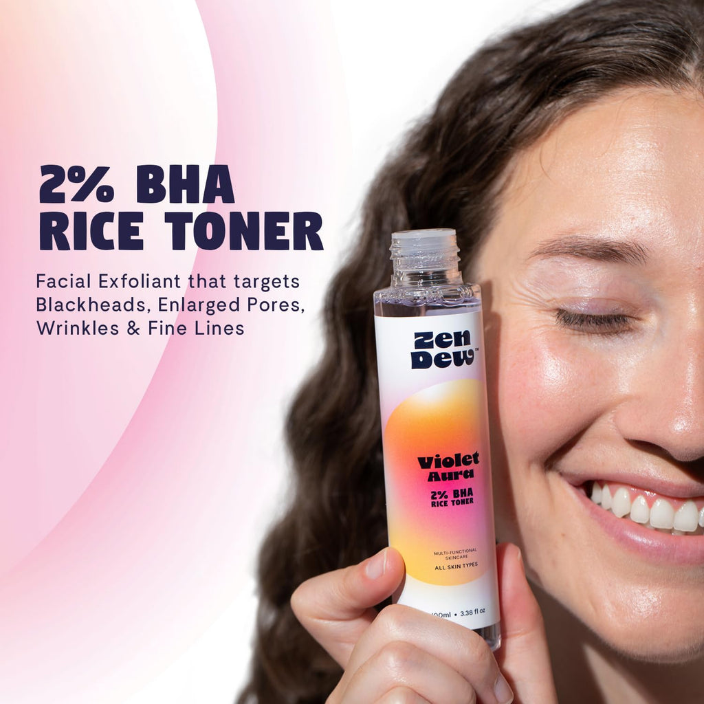 Zen Dew Violet Aura - 2% BHA Exfoliating Toner with Salicylic Acid for Sensitive Skin. Gentle, Hydrating Formula. 2% Niacinamide, Rice Extract & Azulene. Glass Skin, Smoother Texture & Barrier Support