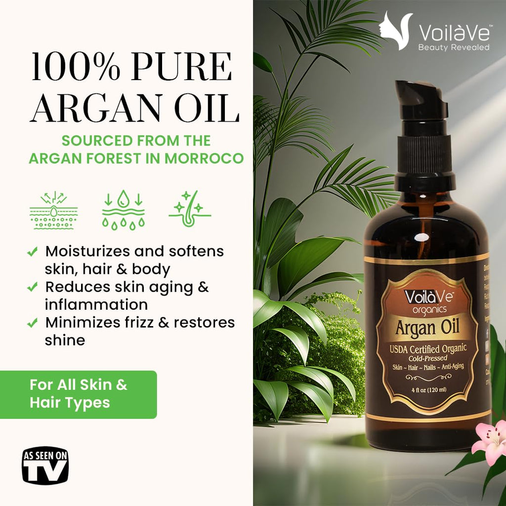 VoilaVe Organic Moroccan Argan Oil - Cold Pressed Anti-Aging Moisturizer for Skin, Hair & Nails | 4 fl oz