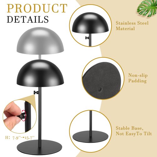 Sintuff 2 Pcs Hat Display Stand 7.9-15.7 Inch Adjustable Hat Holder Sturdy Wigs Head Stand Anti-rust Non-slip Stable Stainless Steel Metal Hat Rack for Multiple Hats Storage Wig(Black,Round Base)