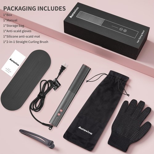 Hair Straightener Brush, Hair Straightener Comb with 5 Temp Settings, Dual Voltage, Anti-Scald, 20s Fast Heating, Ceramic Hot Comb Straightener Straightening Brush for Women, Grey