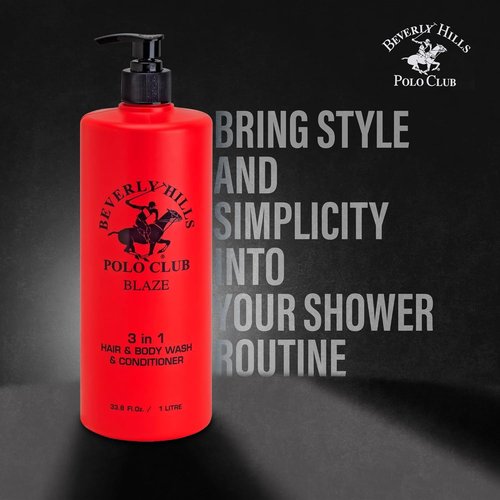 Beverly Hills Polo Club Men's 3-in-1 Shampoo, Conditioner & Body Wash - Blaze Scent | 33.8 fl oz Premium Freshness