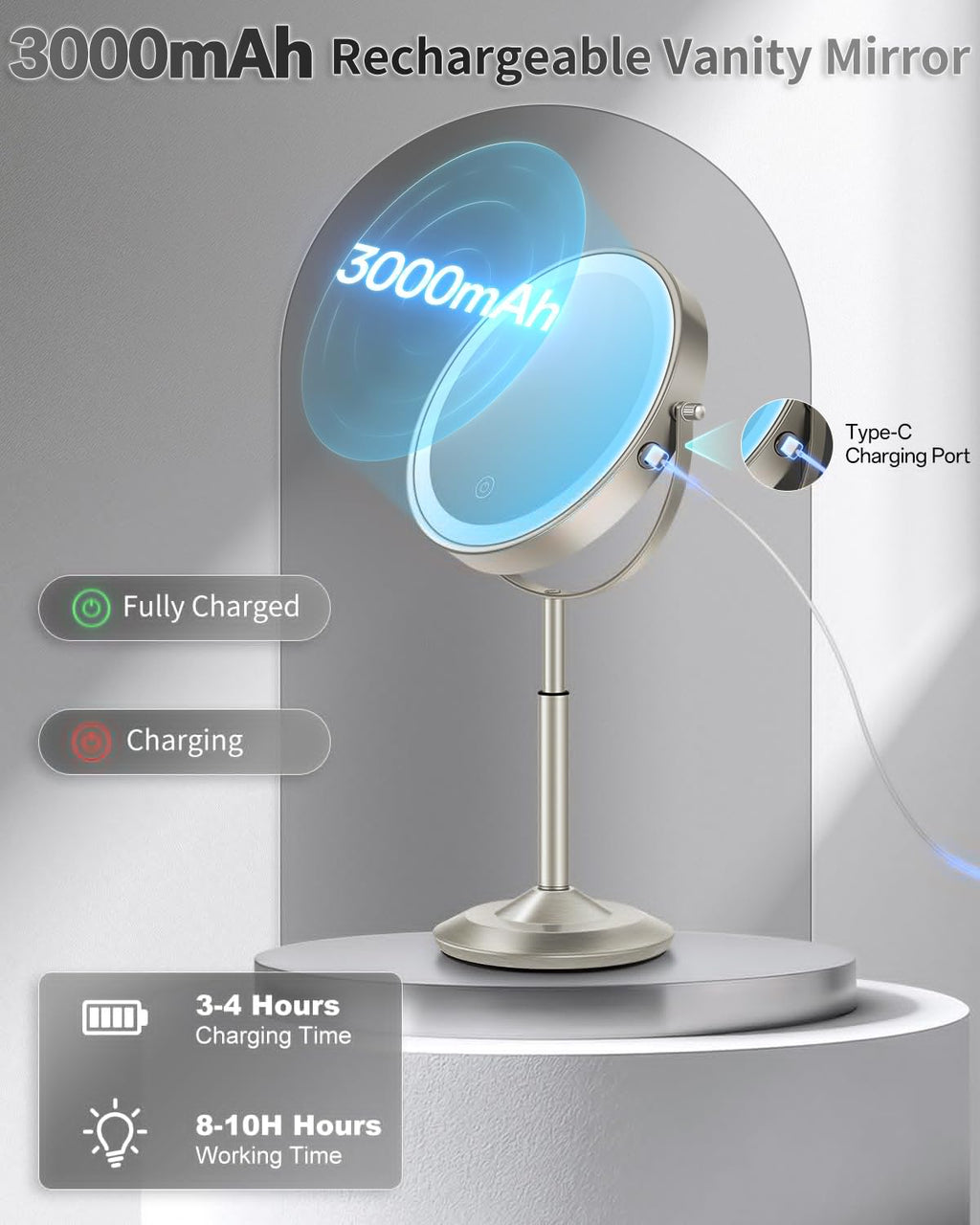 VFD 30X/1X Makeup Mirror with Lights, Height Adjustable Lighted Magnifying Vanity Mirror with 3 Lighting and Adjustable Brightness, 3000mAh Rechargeable Double Sided Switch for Desk Women Gift