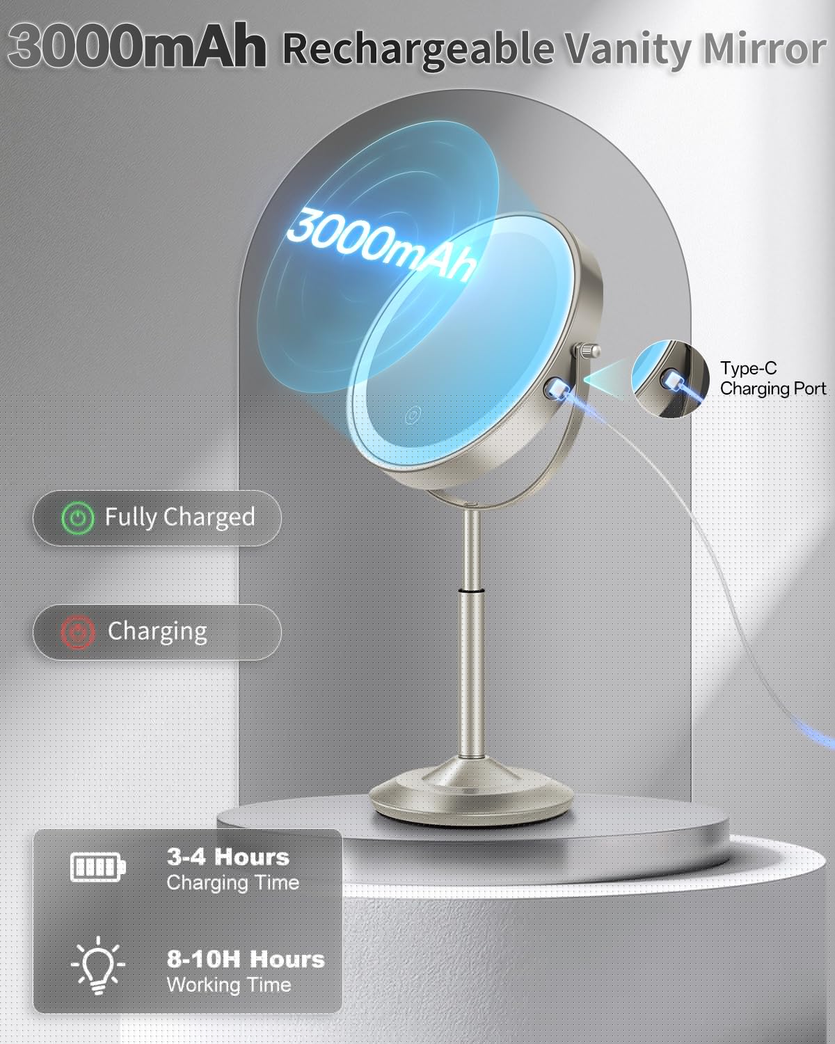 VFD 30X/1X Makeup Mirror with Lights, Height Adjustable Lighted Magnifying Vanity Mirror with 3 Lighting and Adjustable Brightness, 3000mAh Rechargeable Double Sided Switch for Desk Women Gift