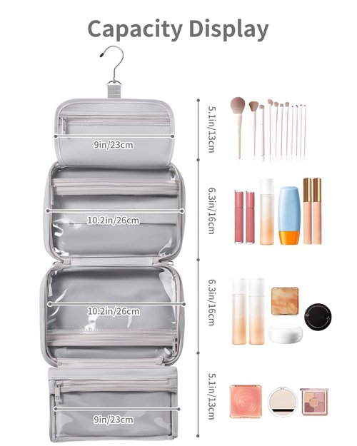 QULUXAO Toiletry Bag for Women & Men, Portable Hanging Makeup Bag/Cosmetic Bag with Compartments, Compact Travel Toiletry Bag Organizers (Grey)