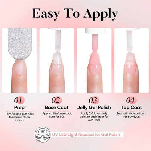 Nicedeco Hema Free Cruelty Free Vegan Jelly Gel Nail Polish, High Gloss Long Lasting Soak Off LED U V Gel Polish 6 Colors Set 46