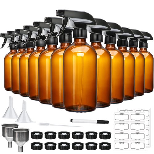 16oz Amber Glass Spray Bottles,Glass Spray Bottles for Cleaning,spray Bottle for Hair,Amber glass Spray Bottle for Window cleaner, plants, aromatherapy, facial hydration, hair care, flowers 12pcs
