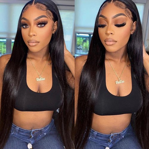 Maycaur 30 Inch Black Synthetic Lace Front Wig with Baby Hair Light Yaki Glueless HD Lace Wig Natural Hairline Pre-Plucked Long Straight Wig for Black Women