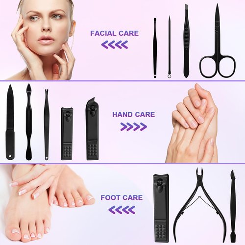 ANRUI Manicure Kit Nail Clippers Set Pedicure Kit, 12 Pieces Professional Grooming Kit, Stainless Steel Nail Care Kit for Women and Men with Luxurious Travel Case -Black