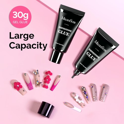 MelodySusie Nail Rhinestone Glue for Nails Super Strong Gel for Nail Charms Gems 3D Nail Gel UV Nail Glue for Nail Art Design Nail Chrome Powder Decals Decor Need UV/LED Cured 60g