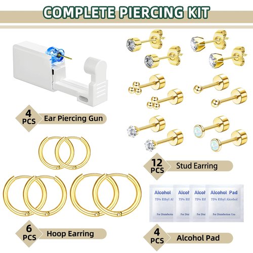 Nunpag 26 Pcs Ear Piercing Kit Ear Disposable Piercing Gun Kit Includes 4 Pcs Self Piercing Gun 18 Pcs Cubic Zirconia Earrings Stud Hoop Earrings 4 Cleaning Pads Easy-to-Use Ear Piercer Kit Tool