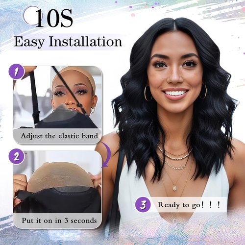 PISRY 14 Inch Short Wavy Wigs for Women Natural Curly Bob Style 6x4 Glueless Synthetic Lace Front Wig Pre Plucked Pre Cut Hairline Daily Party Use（Black）