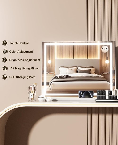 DKGEVEAO Vanity Mirror with Lights, 23" x 18" Makeup Mirror, Lighted Makeup Mirror with 3 Color Modes & Adjustable Brightness, Detachable 10x Magnification and USB Charging Design (White)