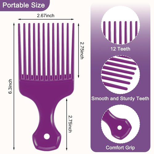 SIMPOR Hair Pick Comb Set - Wide Tooth Detangling Picks for Curly & Afro Hair | 2 Pcs (Purple & Black)