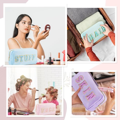 4 Pcs Travel Toiletry Bags for Women Preppy Makeup Bags Organizer Face Skin Hair Stuff Chenille Letter Pouch with Zipper Aesthetic Waterproof Skin care Hair Bag for Women Gifts