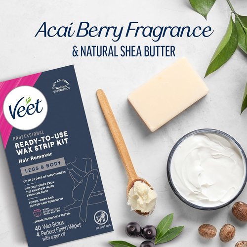 VEET Sugar Wax Strips For Women's Body Hair Removal, Bikini Hair Removal Kit, Pubic, Dermatologically Tested For Body & Intimate Areas, 40ct Wax Strips with Shea Butter & 4ct Wipes (Pack of 3)