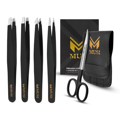 MUSI tweezers Shape Eyebrows & Remove Facial Hair, Ingrown Hair, Chin & Splinters – Expert Tweezers Kit with Eyebrow Scissor, Professional Multipurpose tweezers kit, Stainless Steel Men & Women