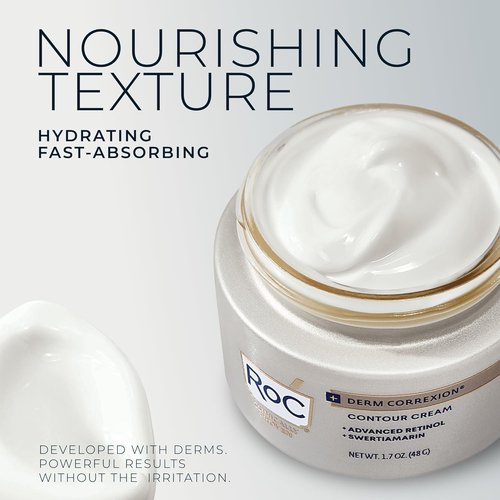 RoC Derm Correxion Neck Cream with Hyaluronic Acid + Advanced Retinol to visibly Tighten & Lift Horizontal Neck Lines, Facial Moisturizer to Contour Face (1.7 oz) with RoC Retinol Eye Packette