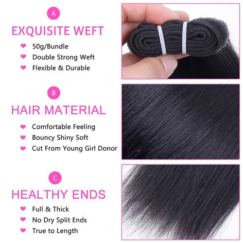 Brazilian Straight Human Hair Bundles with Closure(10 10 10+10) Straight 3 Bundles with Closure 50g 10A Unprocessed Straight Virgin Short Bob Hair Bundle Natural Black Color
