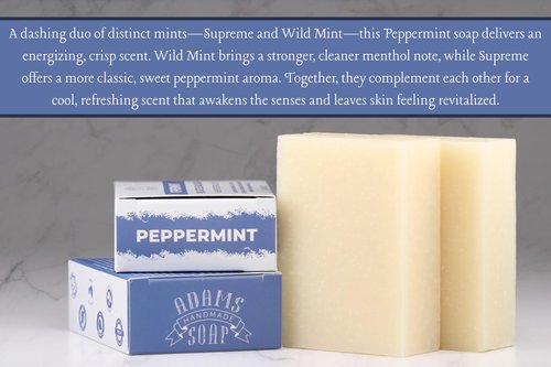 Adams Handmade Soap Peppermint Pure Castile Bar Soap – 4.5 oz | Vegan, Cold Process, Essential Oils, 84% Organic, Fair Trade, No Additives, USA Made