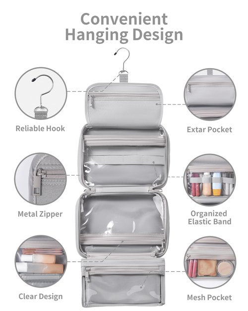 QULUXAO Toiletry Bag for Women & Men, Portable Hanging Makeup Bag/Cosmetic Bag with Compartments, Compact Travel Toiletry Bag Organizers (Grey)