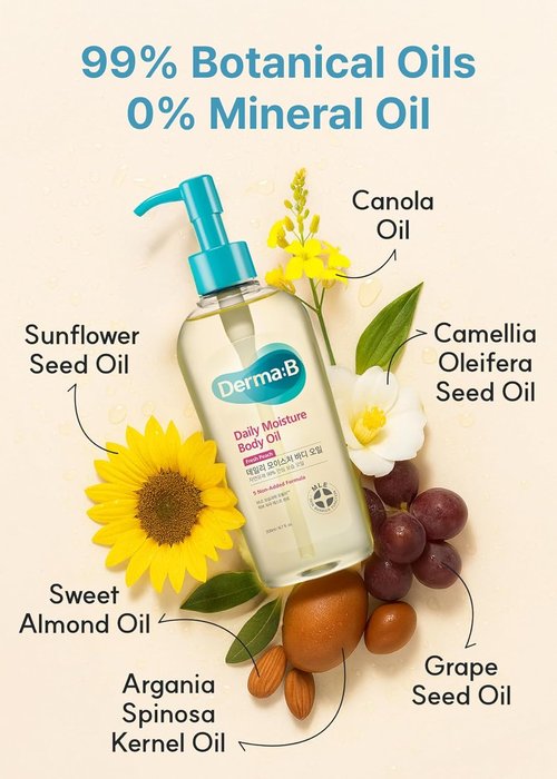Derma B Daily Moisture Body Oil - 99% Natural Argan & Sweet Almond Oil | Hydrating Shower Oil for Dry Skin | 6.78 fl oz (200ml)