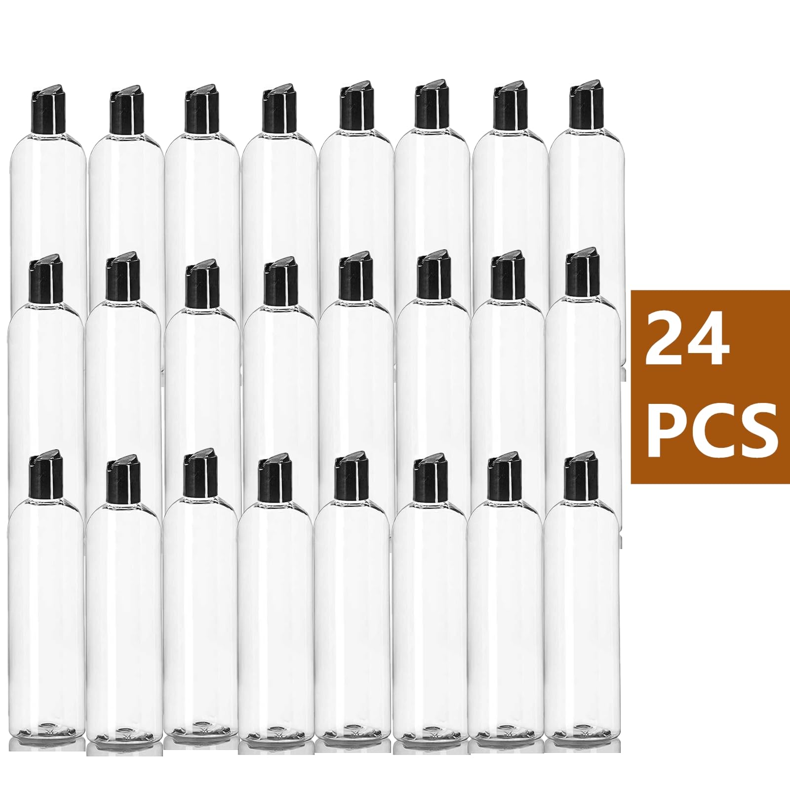 Zentriqlla 24 Pack 8oz Clear Plastic Empty Bottles, Refillable Travel Containers with Disc Top Flip Caps, Squeezable Shampoo Bottles for Toiletries Liquid Soap, Lotions, Cream, Creams, BPA Free
