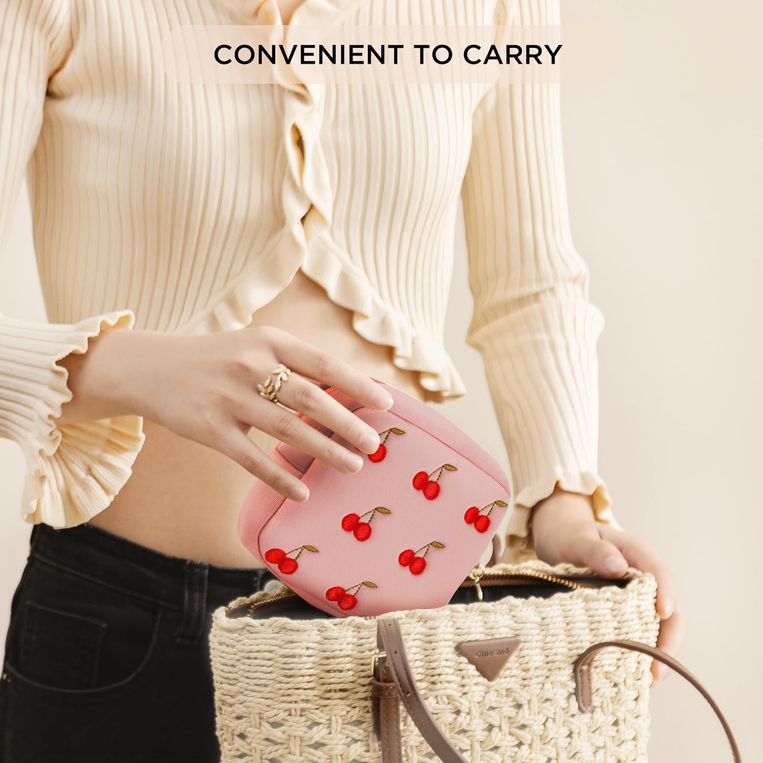 ZUCOLUS Pink Period Bag for Teen Girls, Mini Sanitary Napkin Storage Makeup Bag,Small Cherry Embroidery Period Bag for Women Girls