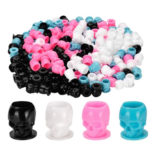 BAMTTOO 200pcs Disposable Pigment Ink Cups - Skull Design for Permanent Makeup, Tattoo Container Cap and Accessory Kits (Mixed Color)