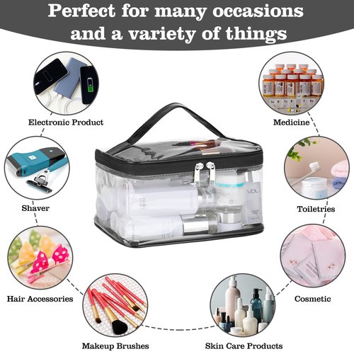 HAOGUAGUA Clear Makeup Cosmetic Bag with Brush Compartment, Portable Waterproof Travel Transparent Toiletry Bags for Traveling Storage Organizer (BLACK)